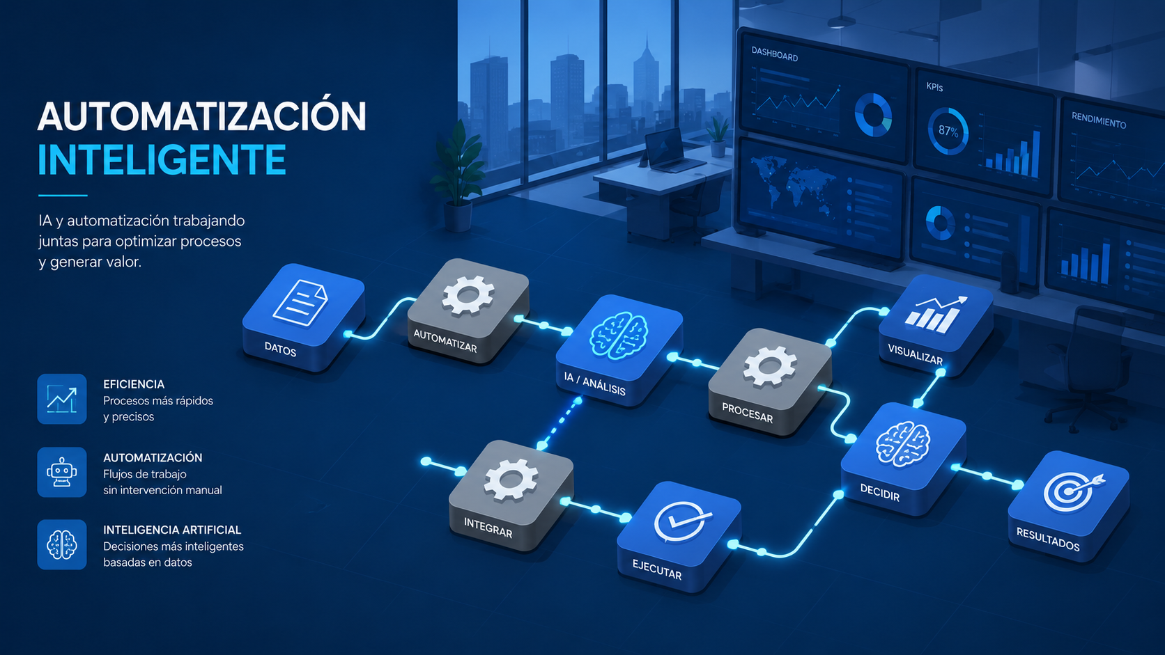Flujo de trabajo automatizado con nodos de IA y engranajes, estilo isométrico azul tech