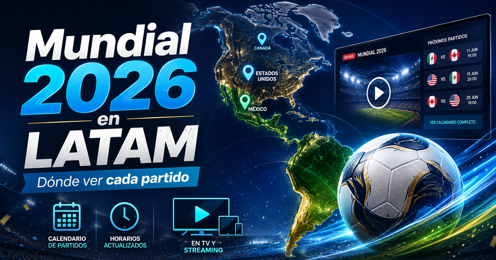 Balón de fútbol sobre mapa de América con sedes del Mundial 2026