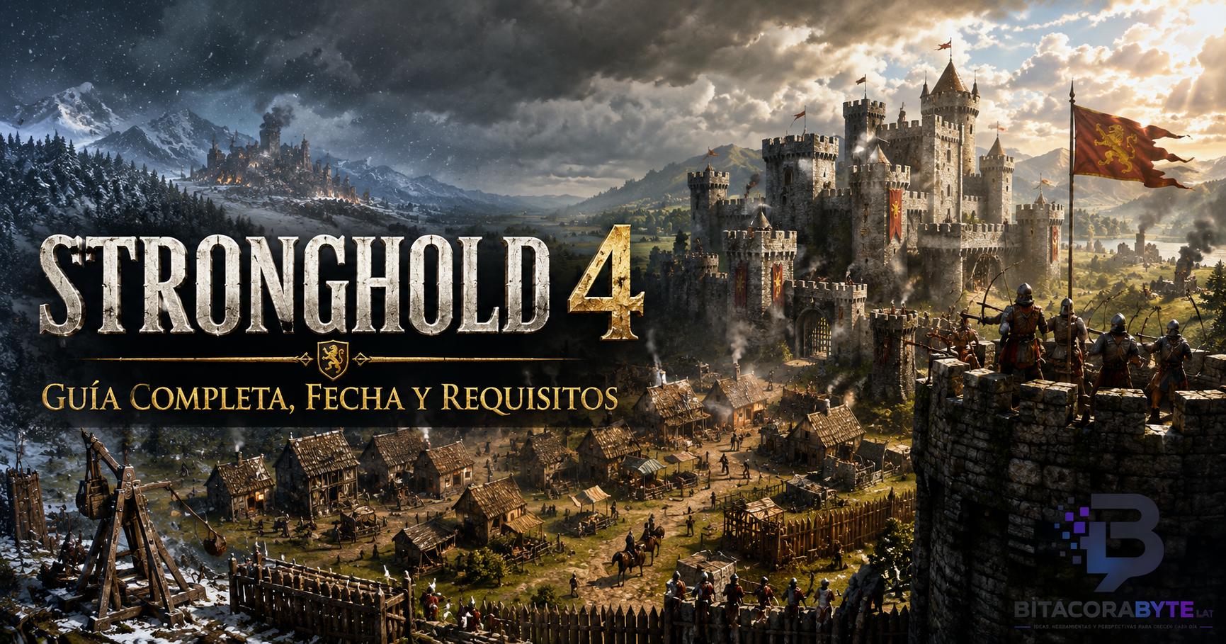 Vista aérea de un castillo medieval en Stronghold 4 con tropas y aldeanos trabajando.