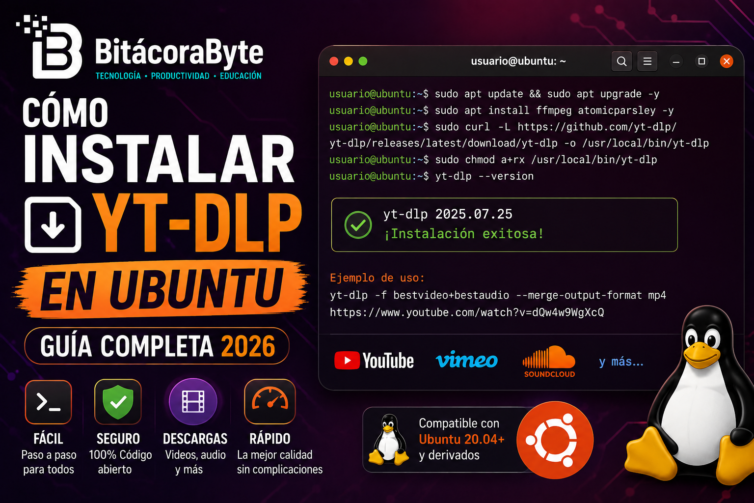 Terminal de Ubuntu ejecutando el comando para instalar yt-dlp correctamente