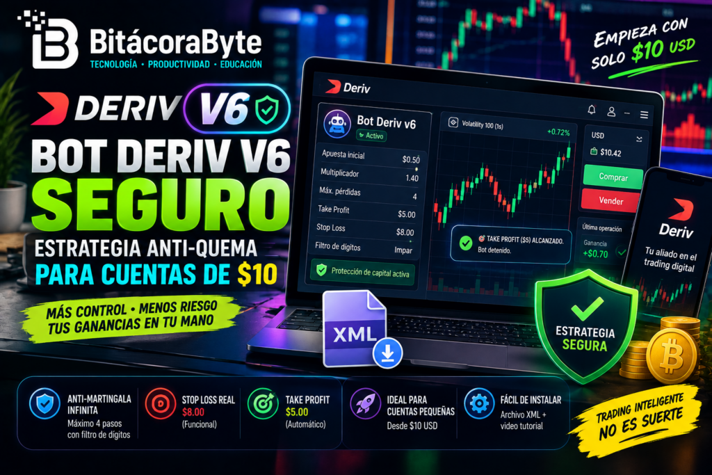 Interfaz del bot de trading Deriv v6 mostrando configuración de seguridad y Stop Loss