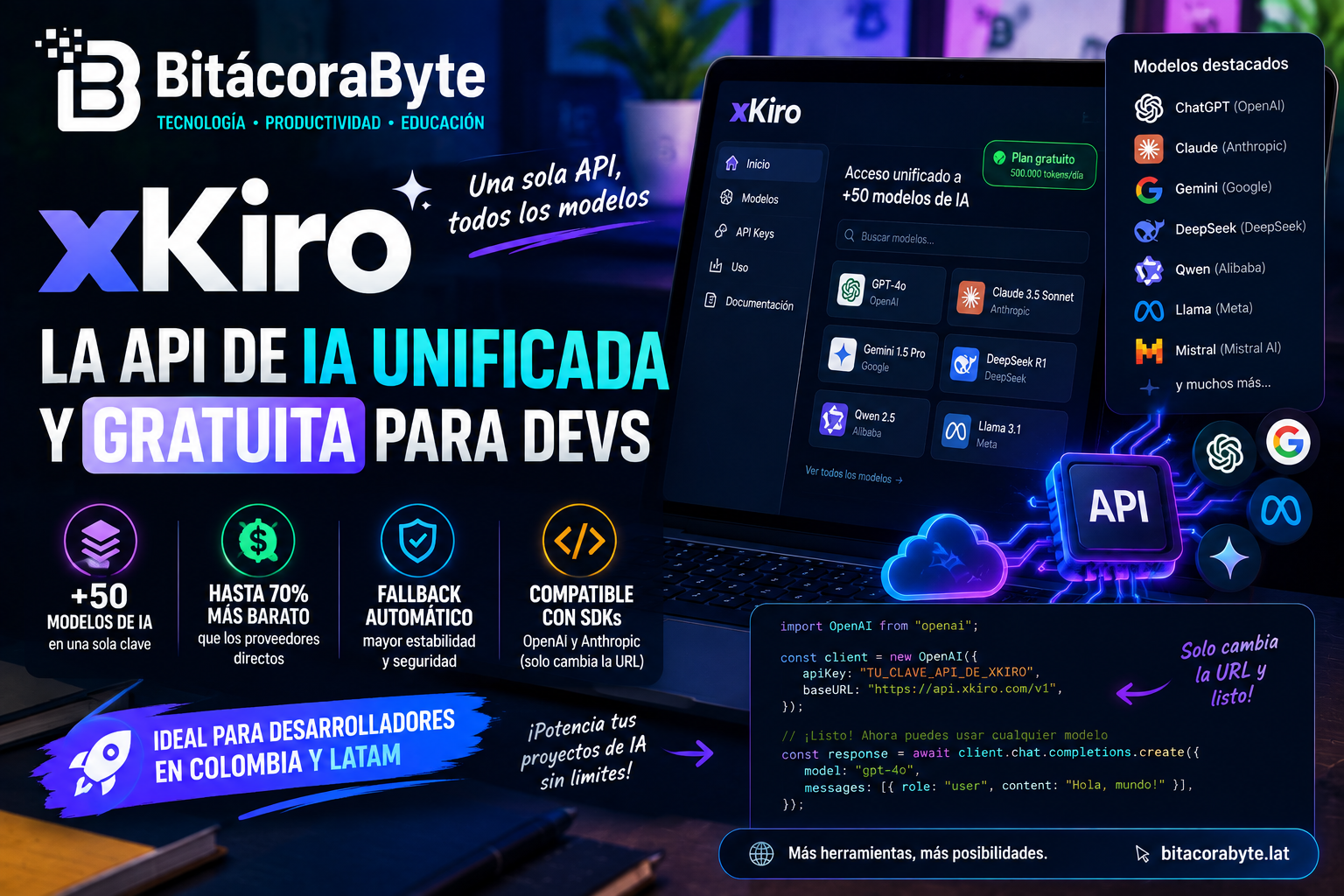 Interfaz de xKiro mostrando acceso unificado a múltiples modelos de inteligencia artificial mediante una sola clave API.