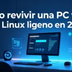 Laptop antigua con Linux ligero mostrando el escritorio XFCE y el monitor de recursos