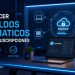 Disco duro externo conectado a un portátil con icono de copia de seguridad en la pantalla