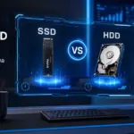 Disco SSD NVMe M.2 junto a un disco duro HDD de 3,5 pulgadas sobre un escritorio con un portátil abierto