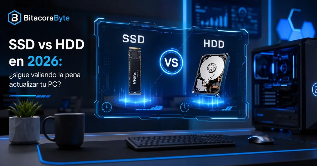 Disco SSD NVMe M.2 junto a un disco duro HDD de 3,5 pulgadas sobre un escritorio con un portátil abierto